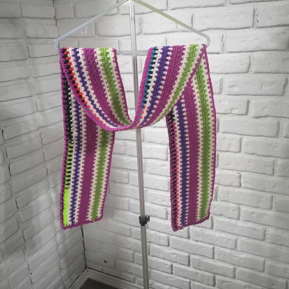 Unisex Handmade Crochet Pink, Lime, Purple, White, Teal, & Black Scarf